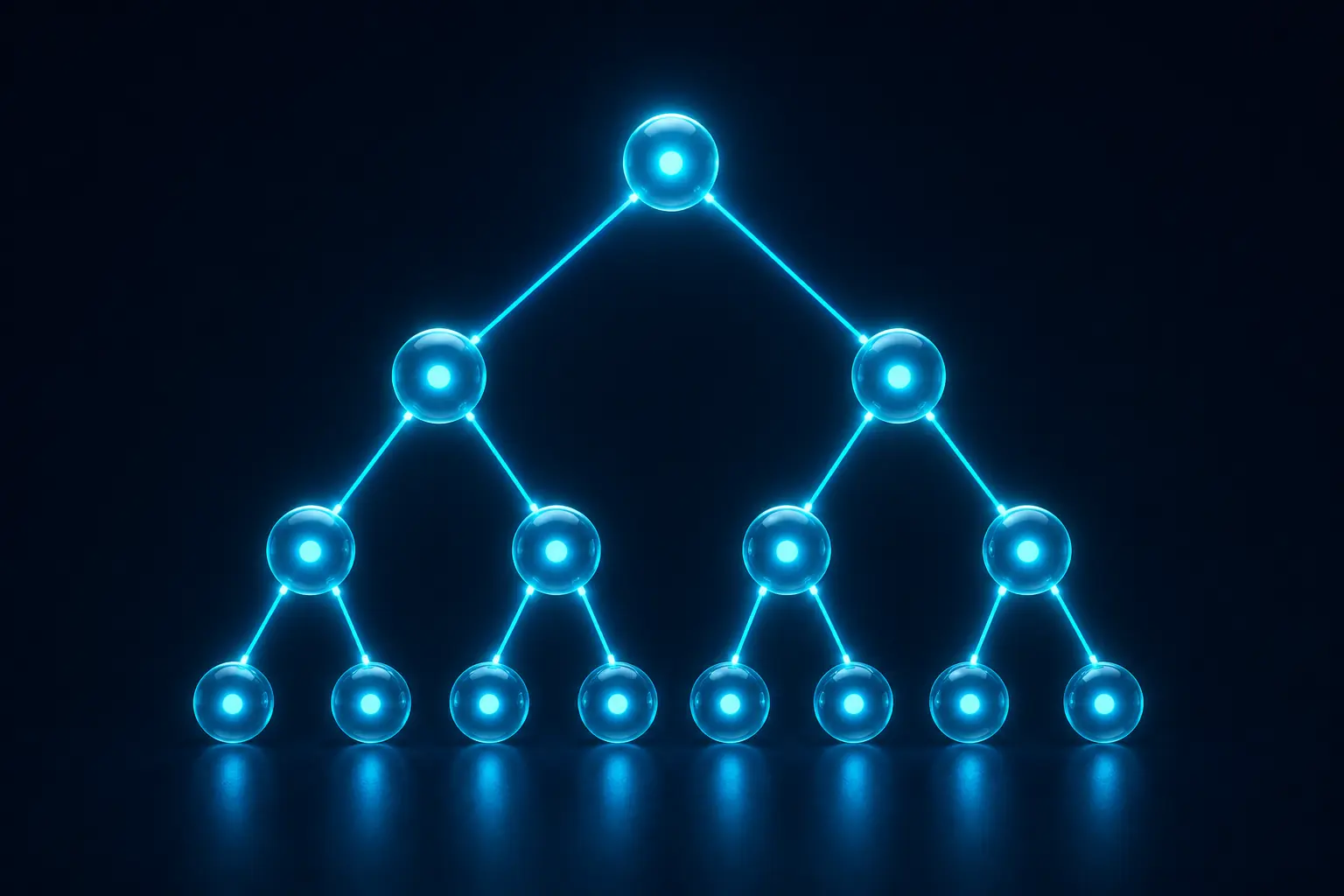 A binary tree structure with a root node branching down through parent and child nodes to the leaves.