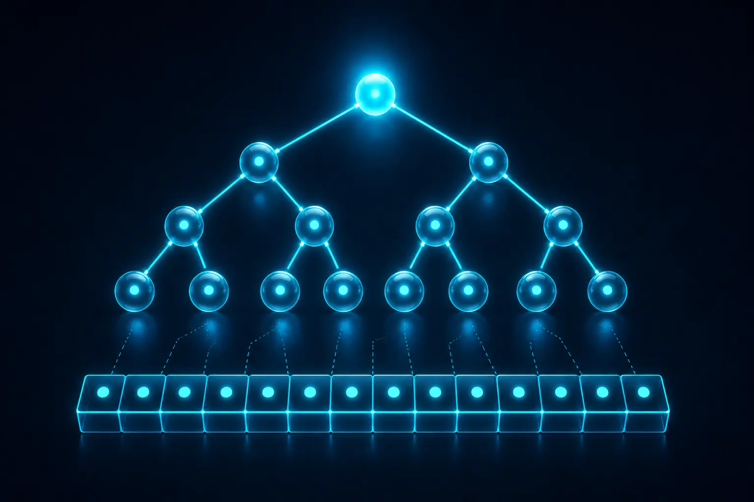 A binary heap shown as a complete tree with the smallest element at the root, mirrored as an array.