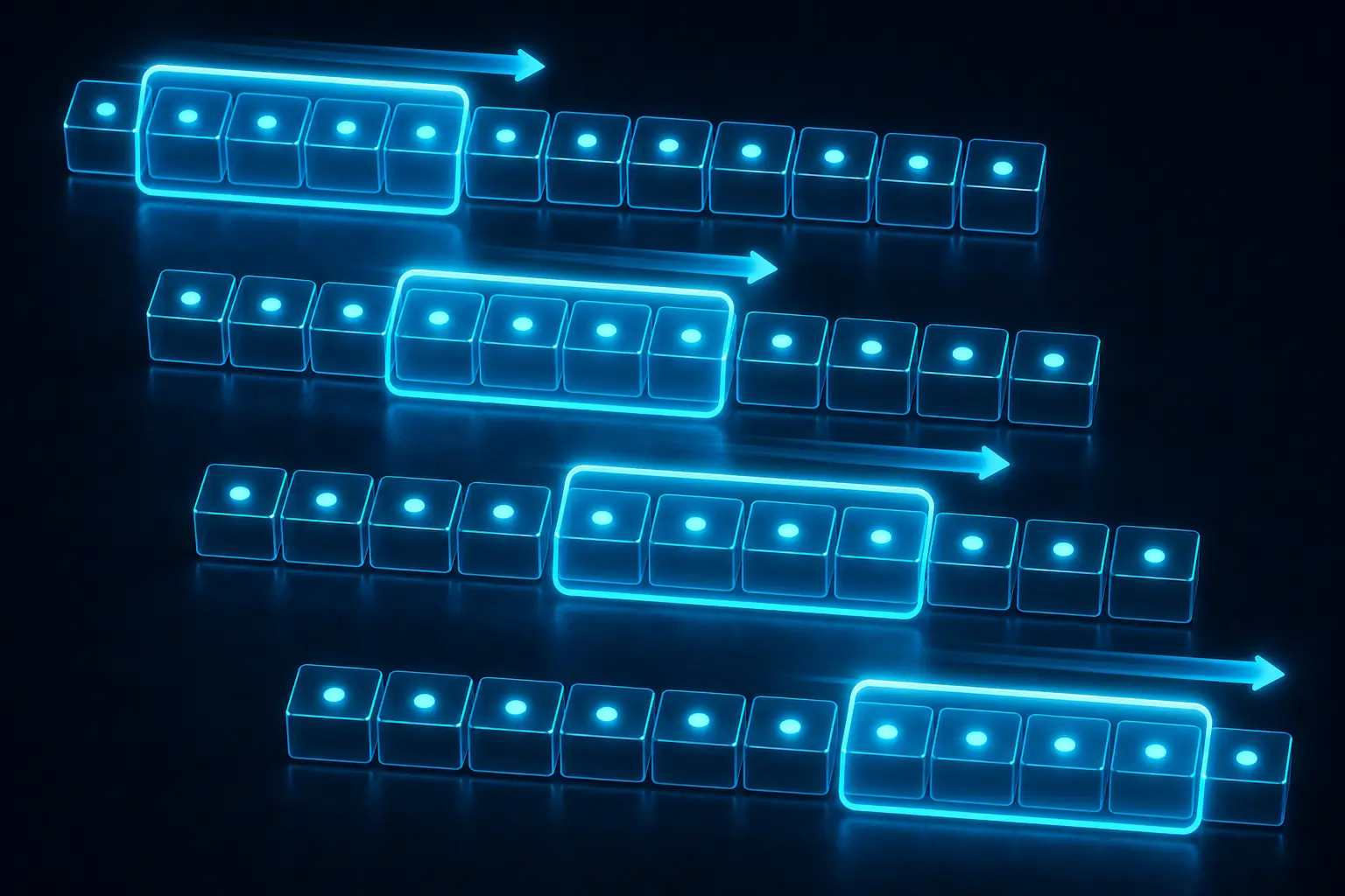 A sliding window highlighting a contiguous range of array elements as it moves across the array.